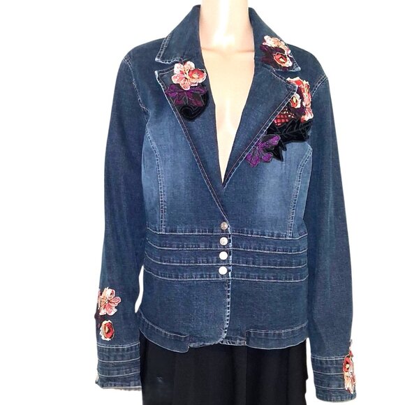 Boho Floral Embellished Upcycled Denim Jacket Size XL - Picture 7 of 7